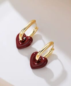 80034 - Zarcillos Dorados con corazon vinotinto