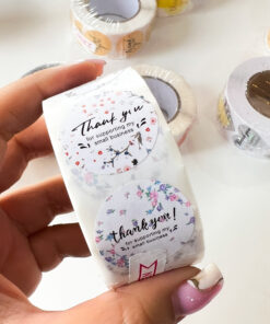 92001-6 Rollo sticker Thank You supporting blanco con flores