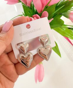 80056 - Zarcillos doble corazon plateado