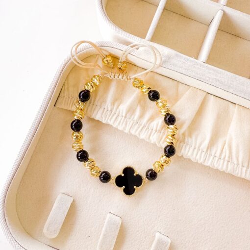 41010-4 Pulsera Negro armada trebol con balin