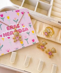 21014 - Set collar + anillo + zarcillo oso rosa