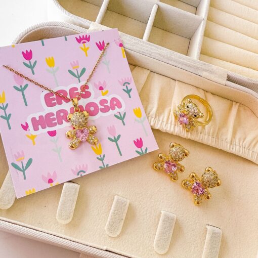 21014 - Set collar + anillo + zarcillo oso rosa