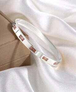 41100 - Pulsera Acero plateada con rectangulos cristales rosados