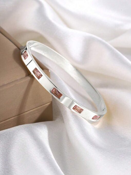 41100 - Pulsera Acero plateada con rectangulos cristales rosados