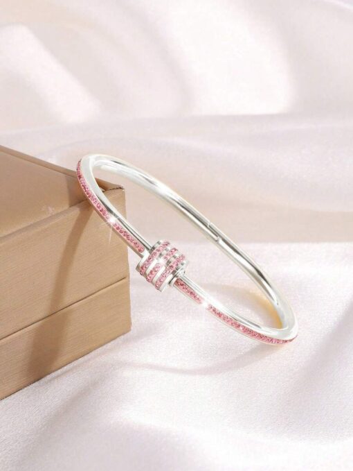 41086 - Pulsera Plateada Acero giratoria cristal rosado