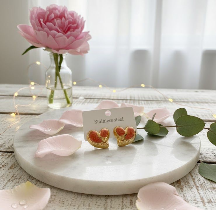 80100-4 Zarcillos corazon esmaltado naranja