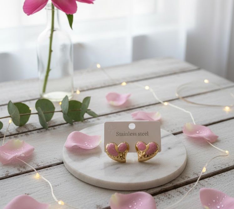 80100-2 Zarcillos corazon esmaltado fucsia