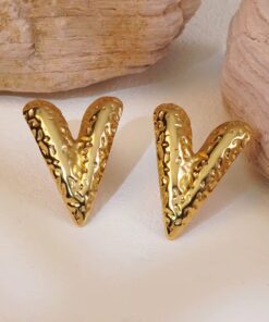 80127 - Zarcillos dorados acero corazon en V