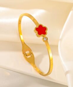 41004-3 Pulsera acero dorada trebol rojo