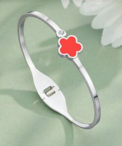 41090-1 Pulsera Acero plateada trebol rojo