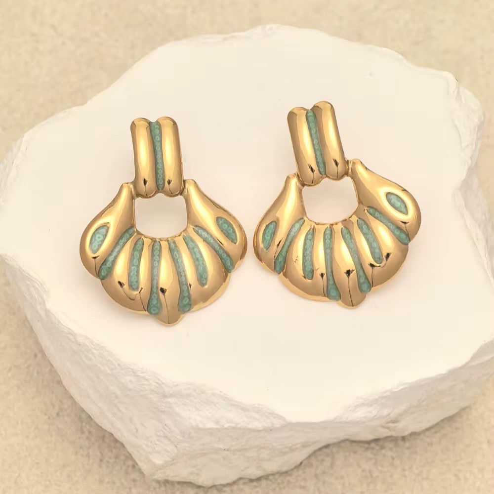 80153-8 Zarcillos acero V esmaltados turquesa lineas