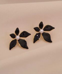 80105-1 Zarcillos negro acero flor esmaltada con perla