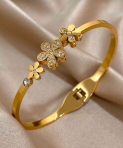 41118 - Pulsera acero dorado triple trebol con cristal