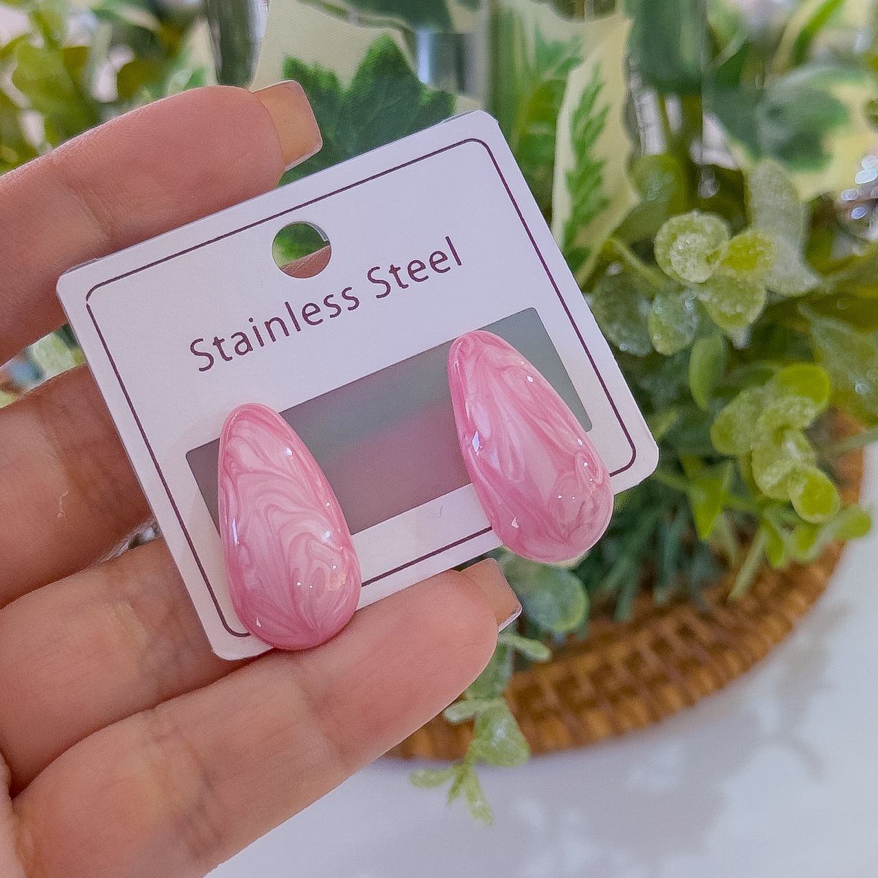 80276 - Zarcillo acero dorado gota rosada