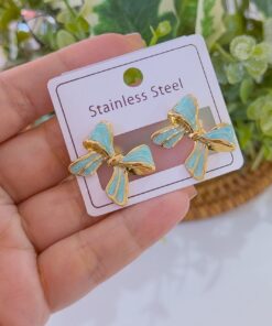 80277-2 Zarcillo acero dorado lazo turquesa