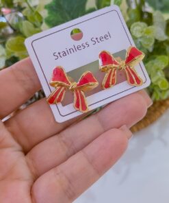 80277-1 Zarcillo acero dorado lazo rojo