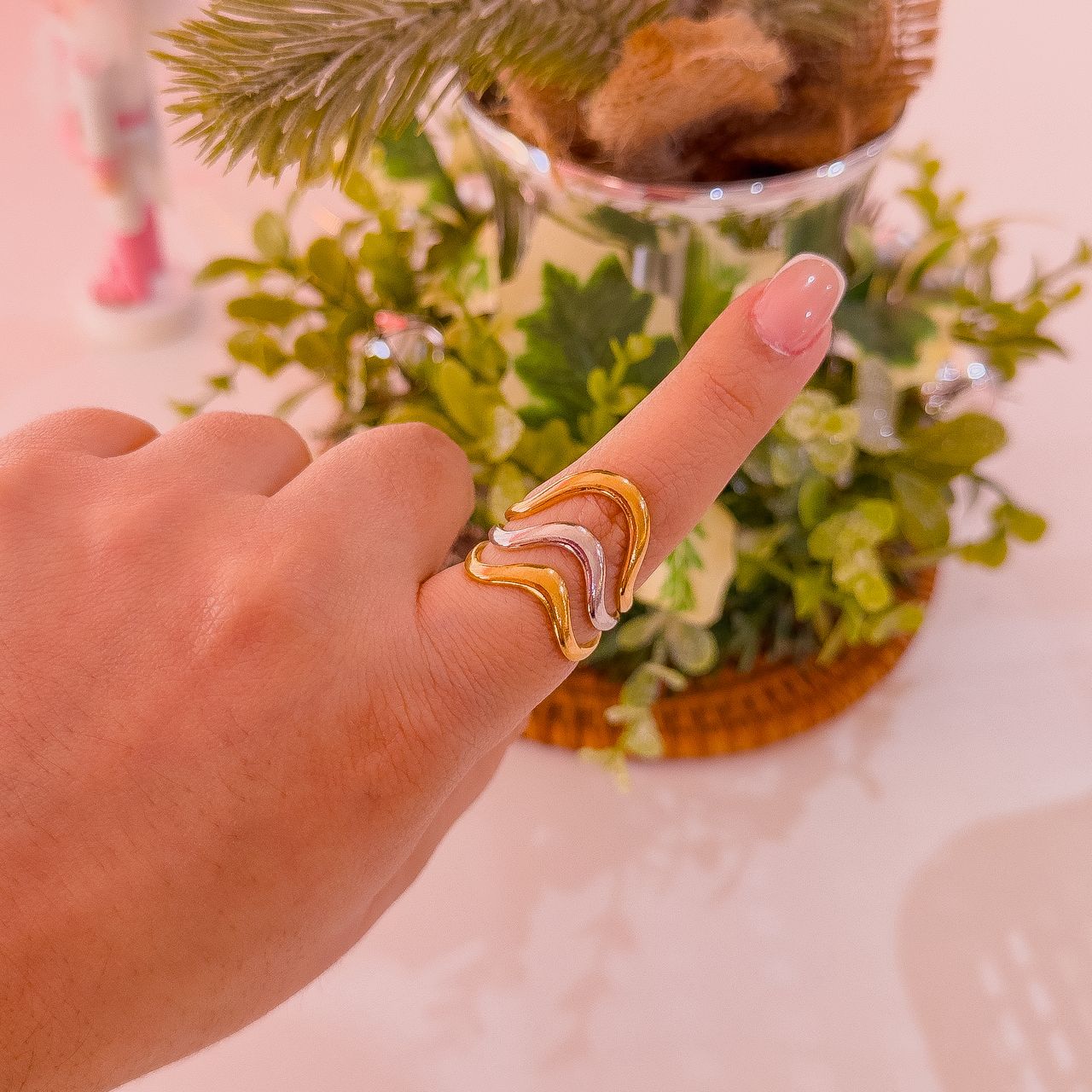 30108 - Anillo Acero dorado triple onda bicolor