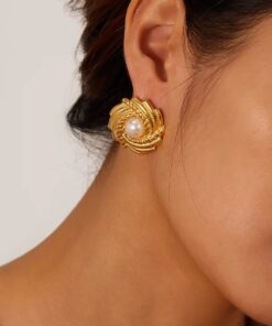 80094 - Zarcillo acero dorado remolino con perla