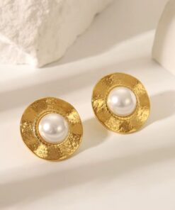 80097 - Zarcillo acero dorado ovalo con perla