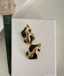 80083 - Zarcillo acero dorado esmaltado negro tamaño grande