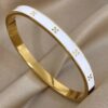 41156-1 Pulsera acero dorada esmaltada blanco trebol