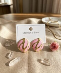 80078 - Zarcillos acero cuadro dorado con rosado