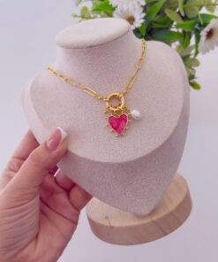 21040-2 Collar armado corazon con perla fucsia