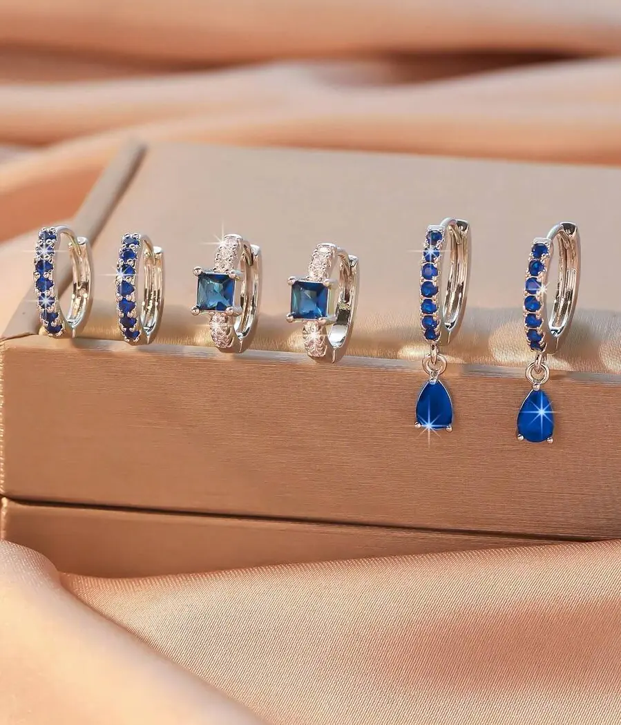 80437 - Set 3 Zarcillos plateado con cristales azul