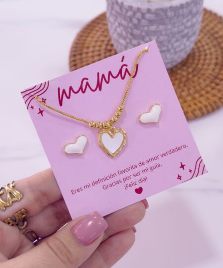 21015-1 Set Collar armado y zarcillos corazon BLANCO