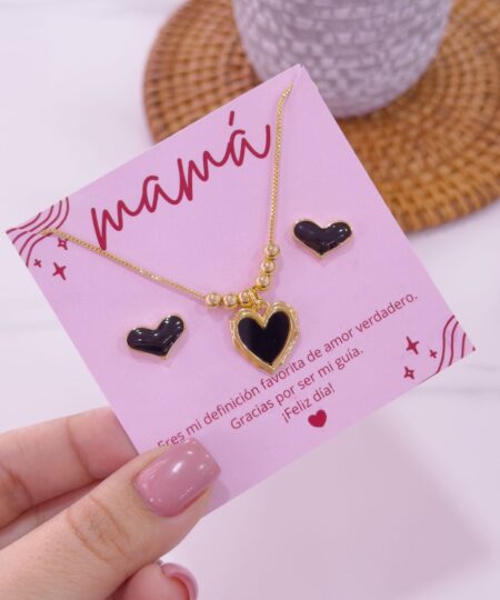 21015-2 Set Collar armado y zarcillos corazon NEGRO