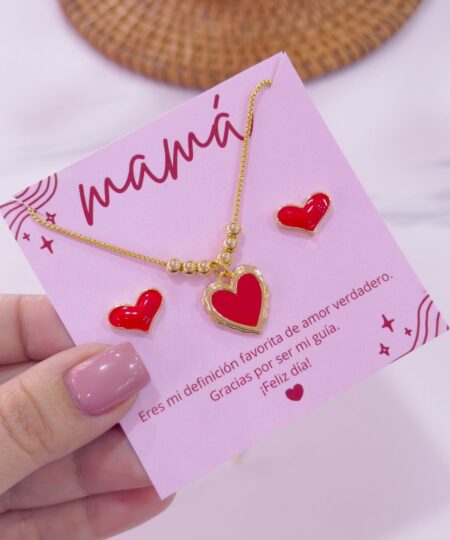 21015 - Set Collar armado y zarcillos corazon ROJO